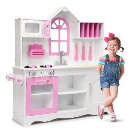 HONEY JOY Pink Kids Kitchen Playset, 43 Inch Rooftop Wooden Play Kitchen for Toddlers, Microwave, Cookware, Window, Storage Cabinet, Little Chef Pretend Play Toy Kitchen Set, Gift for Boys Girls, Pink