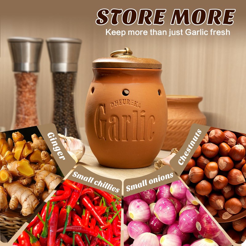 Dheureka Garlic Keeper with Wooden Lid, 19 oz Clay Garlic