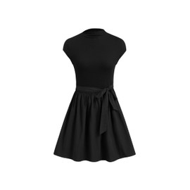 CIDER Casuasl Dress Mock Neck Cap Sleeve Fit Knotted Flare Party Dress Black