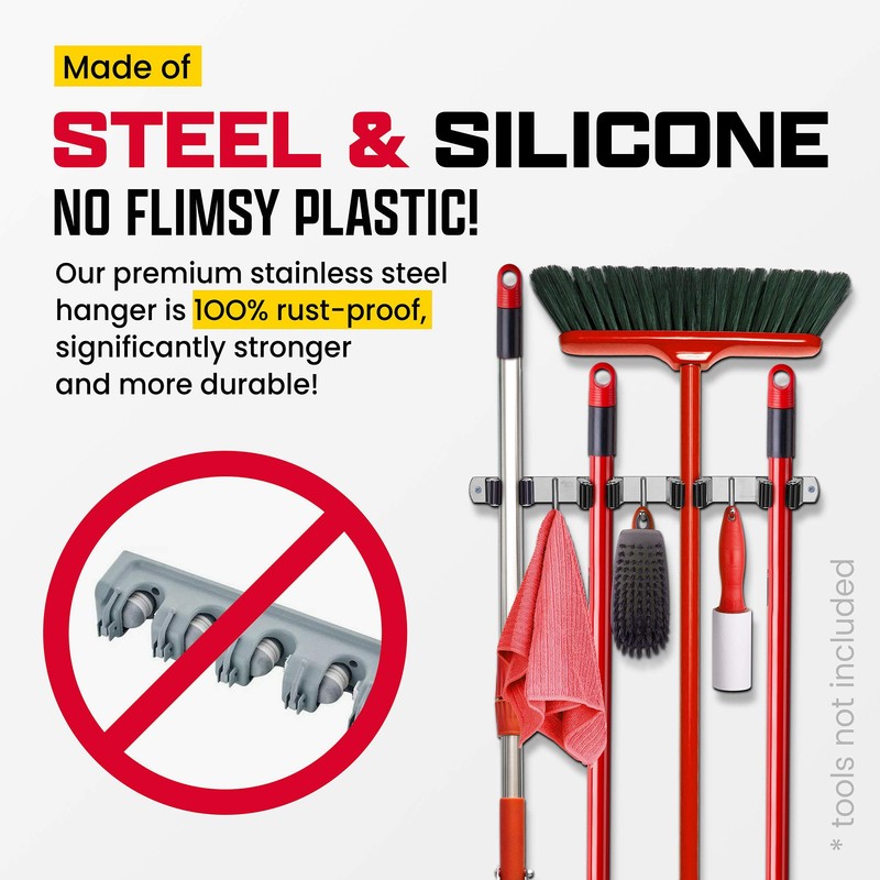 EFFEKTIVTOOLS Mop and Broom Holder Wall Mount – Self-Adhesive Stainless