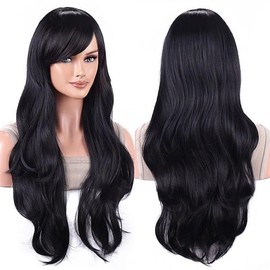 Tangyaoyusun 28Inch Black Wig with Bang Long Wavy Curly Hair Cosplay Wig For Girls Women Theme Party (Black)