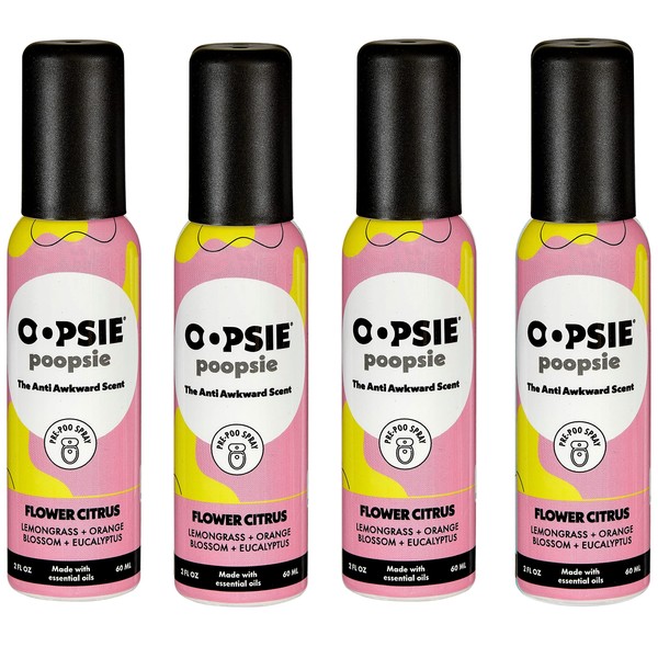 Oopsie Poopsie Pre-Poo toilet spray, discreet & portable original odor deodorizer scents. Perfect day Gift. spray to use on the go 2oz bottle (Flower Citrus 4 pack)