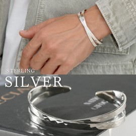 Sant BOLEN 925 Sterling Silver Bracelet, Simple, Hammered Bangle, Adjustable Size, Double Layered, Unisex, Sterling Silver