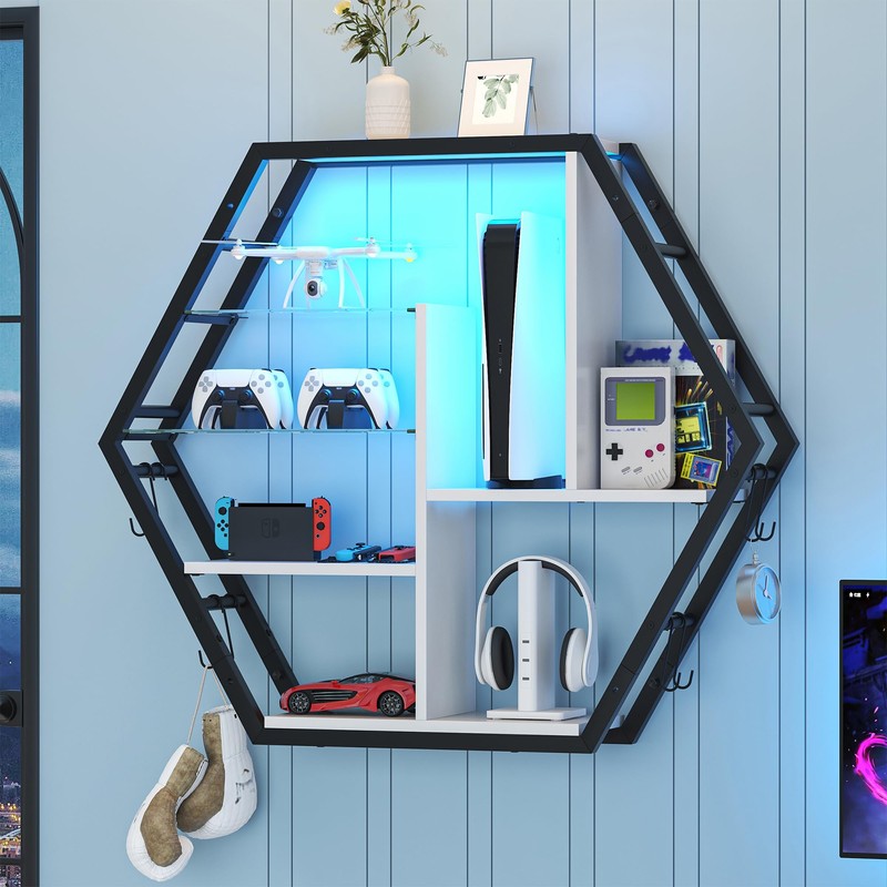 kepptory 39 inch Large Gaming Floating Shelves with LED Lights,