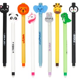 TaleMoon Set of 9 Erasable Gel Pens, Cartoon Ballpoint Pen Set, Erasable Pens 0.6 mm Blue, Multiple Colours and Animal Motifs, Birthday for Children, School Office Supplies