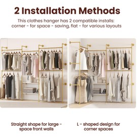 DABILONGC Industrial Pipe Clothes Rack,Wall Mounted Closet Wardrobe Rack, Corner L Shaped Walk-in Closet System, 2 Installation Methods (Gold, 80" H x 86" W x 11.8" D)