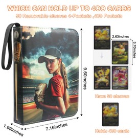 Baseball Card Binder, 4 Pocket Sports Card Binder with 50 Removable Sleeves Can Hold 400 Cards, Card Collection Binder with Zipper for Trading Cards, Game Cards, Sports Cards, Baseball Gifts