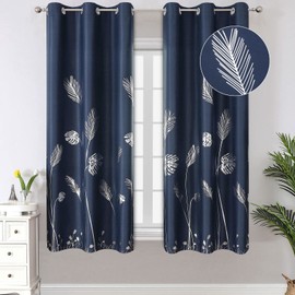 Estelar Textiler Window Blackout Curtains 63 Inch Long, Silver Palm Tree Printed Light Blocking Drapes for Bedroom, Navy Blue, 42Wx63L, 2 Panels