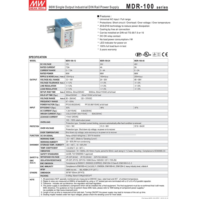 MW Mean Well MDR-100-48 48V 2A 96W Single Output Industrial