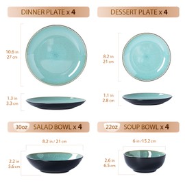 Plates and Bowls Sets for 4 - CJDC-QUELO 16-Piece Stoneware Dinnerware Sets, Ceramic Dishware Set for Kitchen Use and Formal Dining, Chip and Scratch Resistant Microwave Dishwasher Safe, Green