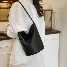 LuyaVogue Elegant Solid Color Minimalist Soft Leather Bucket Bag,Women's Single Shoulder & Underarm Purse with Large Capacity (Black)
