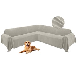 HDCAXKJ Corner Sectional Couch Covers for Dogs L Shape Sofa Cover with Tassel Chenille Super Soft Non Slip U Shaped Couch Cover Blanket Washable Sofa Slipcovers Protector (Light Khaki, 91x252 inch)