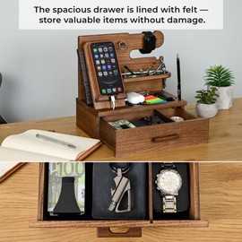 TESLYAR Wood Phone Docking Station with Drawer - Nightstand Organizer - Desk Organizer for Husband - Birthday Gifts for Men, Dad, Anniversary Idea, Key Holder Stand Watch & Accessories (Earth Beige)