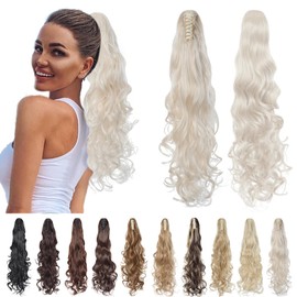 S-noilite 24" Long Curly Ponytail Extension Claw Clip in Ponytails Jaw Clip on Ponytails Hair Extension Hairpiece Synthetic Wave Pony Tails for Women Platinum Blonde