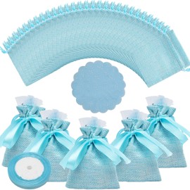 NAEBRO Small Jute Bags Pack of 30 Jute Gift Bags Small Jute Bags with Drawstring, 8 x 10 cm Fabric Bag Jute Jewellery Bag with Organza and Decorative Ribbon, Jute Bags for Wedding Gifts (Blue)