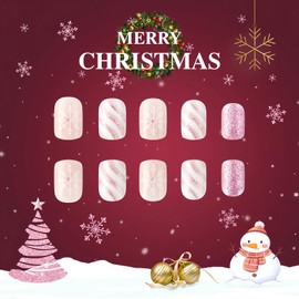BFY Snowflake Press on Nails Short Square Winter Christmas Fake Nails, White French Purple Glitter Stripes Acrylic Nails Stick Glue on Nails, Shiny False Nails Kits Xmas New Year Accessories 24Pcs