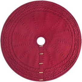 72-Inch Cable Sweater Knit Christmas Tree Skirt with Wooden Toggles, Burgundy