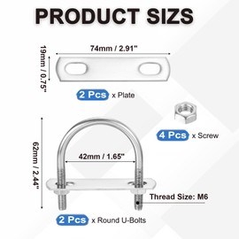 PATIKIL Round U-Bolts, 2 Pcs 1.62"(42mm) Inner Width 62mm Length M6 with Nut Plate Washer 304 Stainless Steel Round Bend U-Bolts for Boat Trailer Axle Sailboat