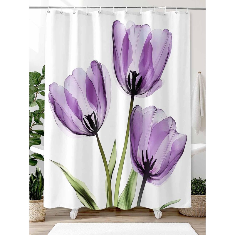 Purple Tulips Shower Curtain Set with Hook 72"x72",Spring Floral Botanical