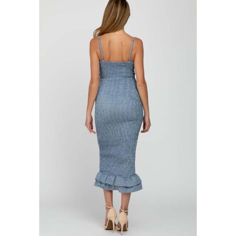 PinkBlush Blue Gingham Print Smocked Fitted Self-Tie Maternity Midi Dress