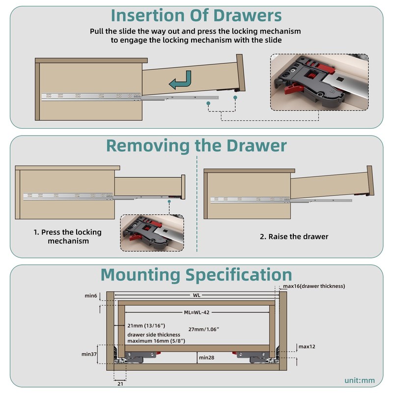 15 Inch 1 Pair Undermount Soft Close Drawer Slides with