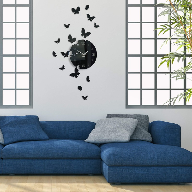 FLEXISTYLE modern wall clock Butterflies black acrylic glass high gloss