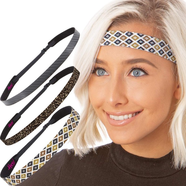 Hipsy Cute Fashion Adjustable No Slip Hairband Headbands for Women Girls & Teens (3pk Brown & Black Sparkly Diamonds)