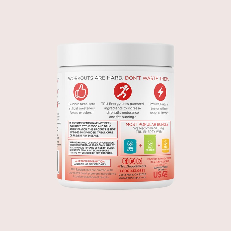 TRU Supplements Energy, Pre Workout Training Formula, Vegan Friendly, No
