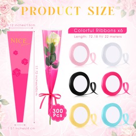 300 Pcs Single Flower Sleeves Wrapping Bags Bulk Nice Love You Single Rose Sleeve Bouquet Bag Waterproof Plastic Florist Packaging Supplies with 6 Ribbon for Wedding Mother's Day Graduation Birthday