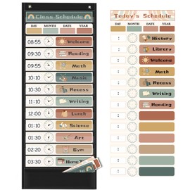 Daily Schedule Pocket Chart for Kids Management, 13+1 Pockets with 30 Cards Black Visual Time Reusable Dry-Eraser Schedule, Teacher Supplies for Boho Classroom Homeschool Decor