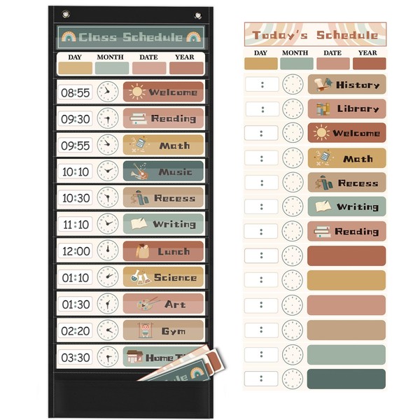 Daily Schedule Pocket Chart for Kids Management, 13+1 Pockets with