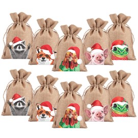 WIRESTER Set of 10 Christmas Burlap Gift Bags, Linen Fabric Christmas Treat Candy Bags for Holiday Party Favor Supplies - Animals With Christmas Hat (Raccoon, Fox, Frog, Pig, Cochin Chicken)