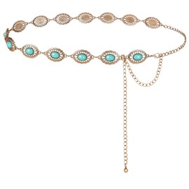 FIORETTO Metal Turquoise Chain Belt for Women Western Cowgirl Concho Waist Chain Boho Belts for Dress Country Belts for Jeans Gold