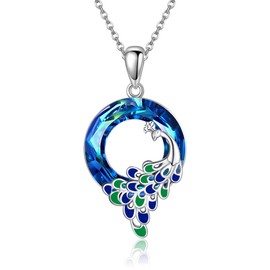 DAYLINLOVE Peacock Necklace 925 Sterling Silver Peacock Feather Crystal Pendant Necklace Bird Animal Teal Jewellery Gifts for Women Girls Peacock Lover