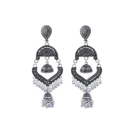 Efulgenz Antique Boho Oxidized Indian Earrings for Women Chandelier Layered Pattern Big Dangle Oxidized Earrings Set Indian Oxidized Jewelry Bohemian Statement Jewelry Set for Women