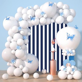 OERJU 5x5ft Navy Blue Round Backdrop Cover Blue and White Stripes Circle Backdrop Baby Shower Newborn Birthday Party Decoration Photography Background Kids Adults Photo Studio Props