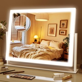 ROLOVE Lighted Makeup Mirror 16.3"x12.6", Hollywood Vanity Mirror with 10X Magnifier, 3 Color LED Lighting Modes, Smart Touch Control & 360° Rotation, Tabletop Makeup Mirror (White, Gift Ready)