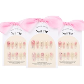 3 Packs Bling Coffin Press on Nails Cute Long Square Fake Nails with Vivid Color Fashion Glossy Gel Acrylic Reusable UV Finish Full Cover Stick on Nails for Women Girls Pink S/M/L 30 PCS