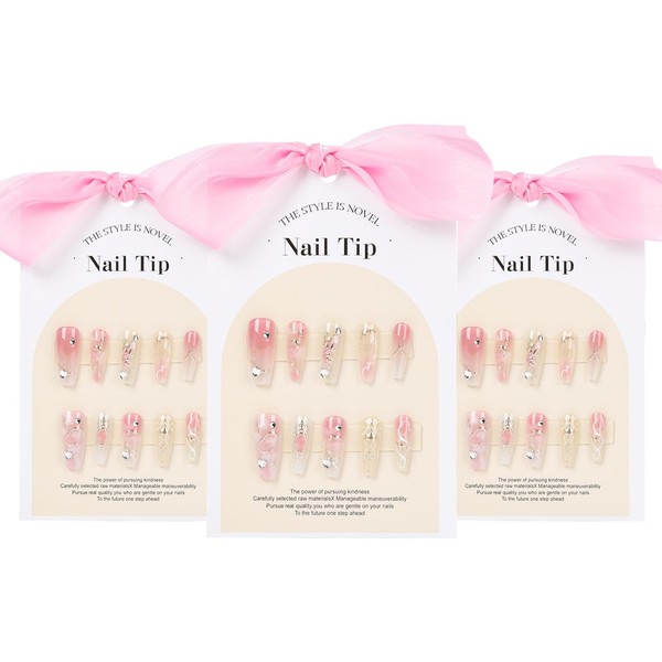 3 Packs Bling Coffin Press on Nails Cute Long Square