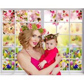 CHAIYA 8X6FT Spring Backdrop Easter Backdrop Window Green Grass Colorful Eggs Photography Background Floral Bunny Decoration Easter Backdrop Spring Easter Photography Backdrop CY-302