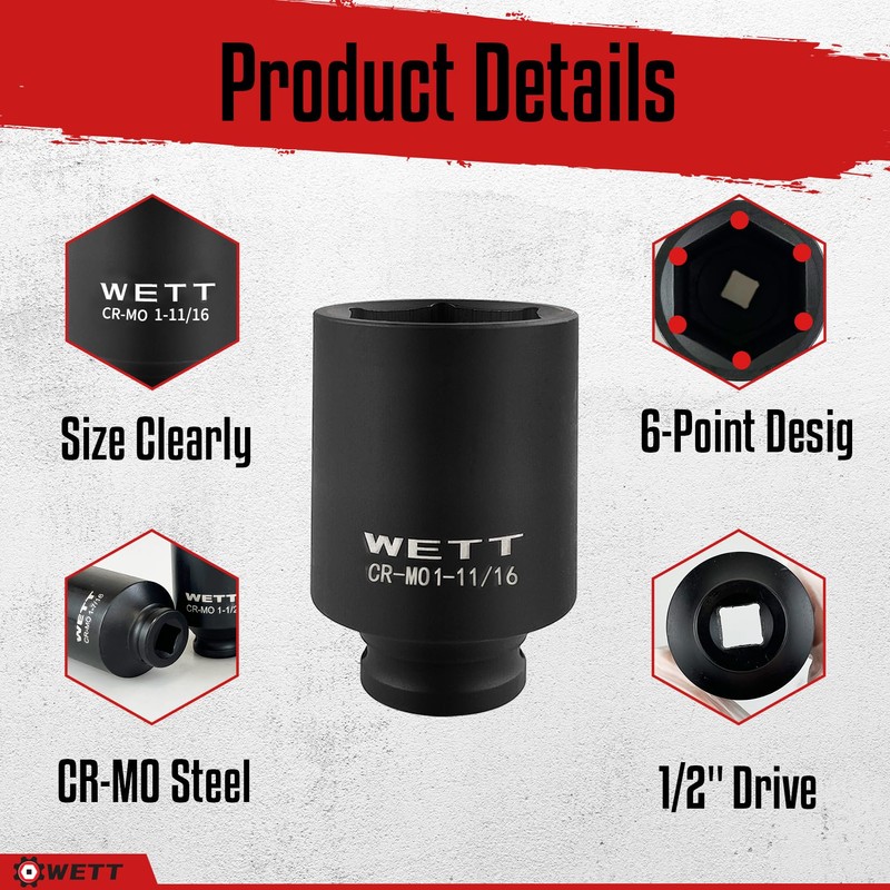 WETT 1/2" Drive Deep Large Impact Socket Set, 8-Piece Spindle
