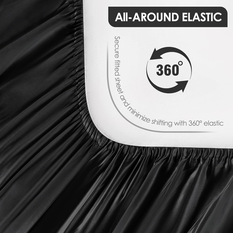 Silky Satin Fitted Sheet Classic Luxury Silky Soft Plain (Black,