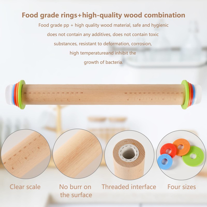 Yasashii Wood Rolling Pin With 4 Adjustable Thickness Rings, Non-stick