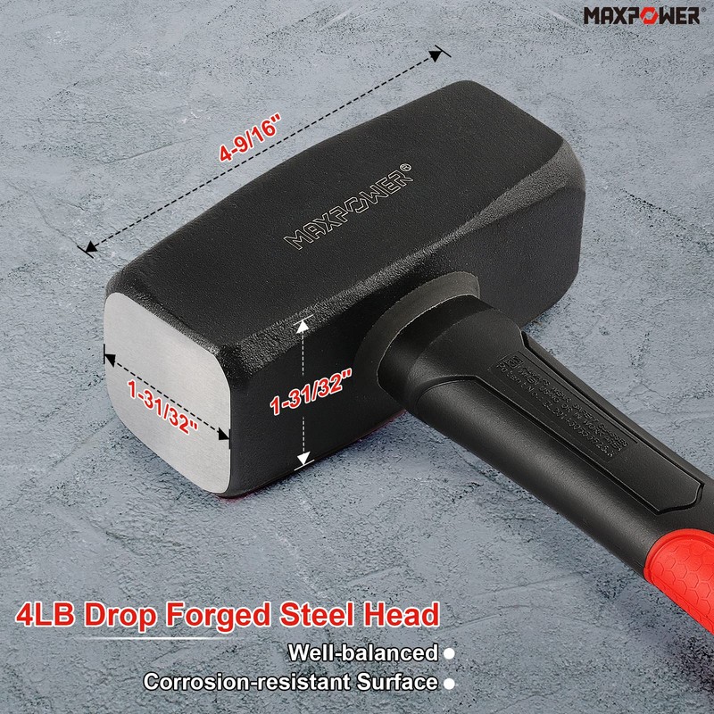 MAXPOWER 4lb Club Hammer, Mini Sledge Hammer with 9-inch Fiberglass