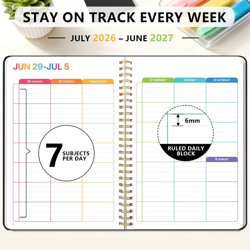 Student Planner 2026-2027, Black Spiral Academic Planner with Colorful Pages,