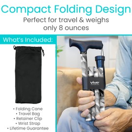 Vive Folding Cane - Foldable Walking Cane for Men, Women - Fold-up, Collapsible, Lightweight, Adjustable, Portable Hand Walking Stick - Balancing Mobility Aid - Sleek, Comfortable T Handles