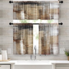 Tayney Brown Kitchen Window Curtains Valance and Tier Set 36 Inch, Grey Beige Modern Rod Pocket Short Tier Curtain, Abstract Art Small Cafe Drapes for Kitchen Decor