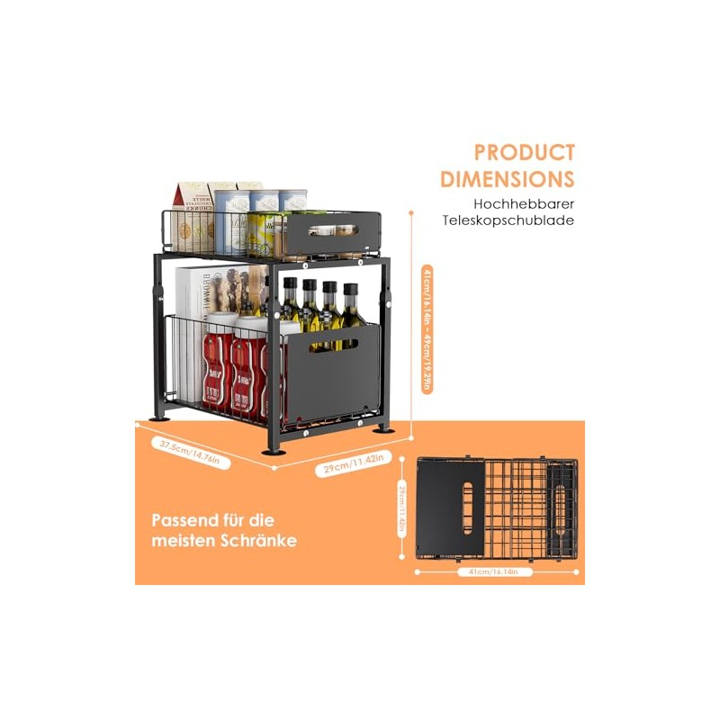 Dreamhigh Kitchen Cabinet Organiser, Extendable, Base Cabinet Organiser with Double