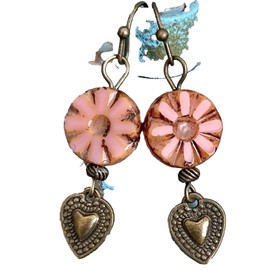 Bronze Heart Earrings with Rustic Dusty Rose Czech Beads Jewelry Earrings for Women #3298FE3228