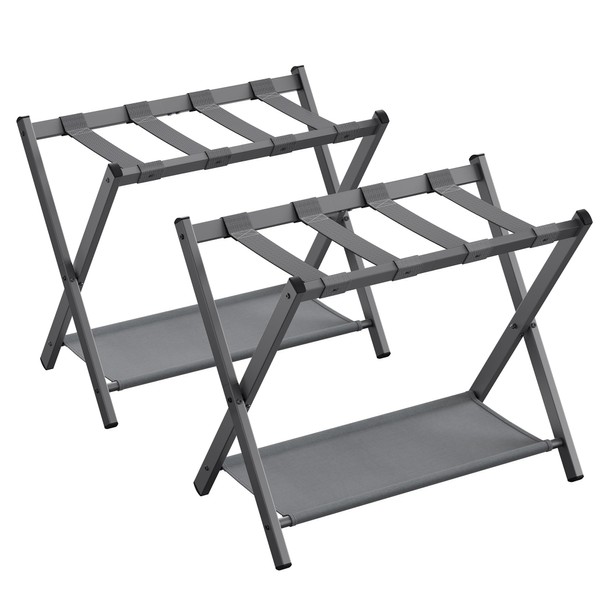 SONGMICS Luggage Racks for Guest Room, Set of 2, Suitcase Stand with Storage Shelf, Steel Frame, Foldable for Easy Storage, Hotel, Bedroom, Slate Gray URLR003G02